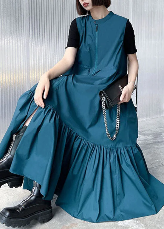 Flash Sale Now Fashion Blue Stand Collar tie waist Zip Up Mid Dress Spring