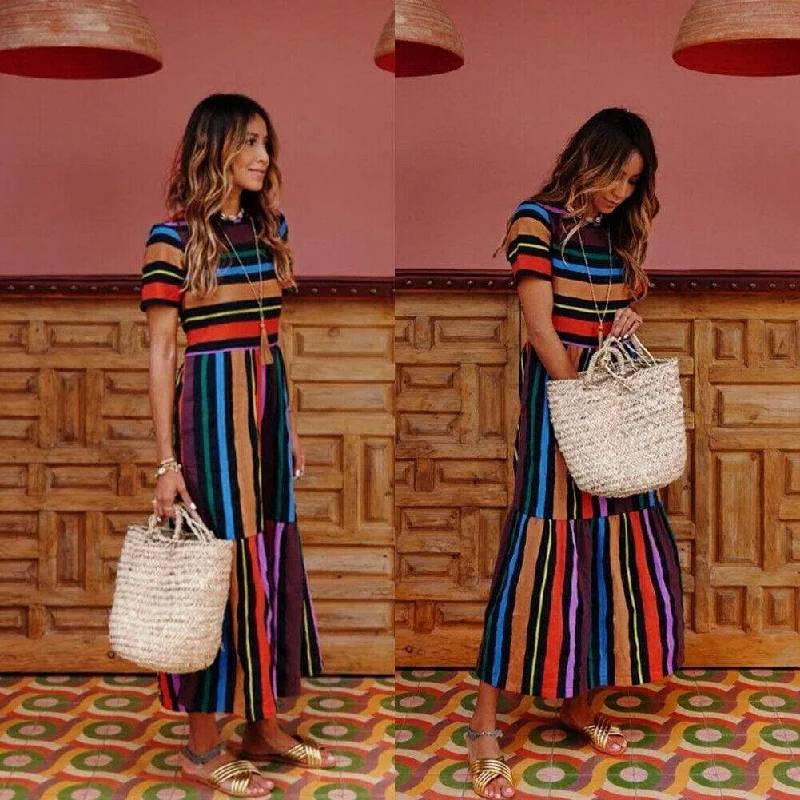 Discover Now FashionSierra - Summer Holiday Dress Women Stripe Boho Short Sleeve Long Maxi Dress New Ladies Casual Beach Sundress