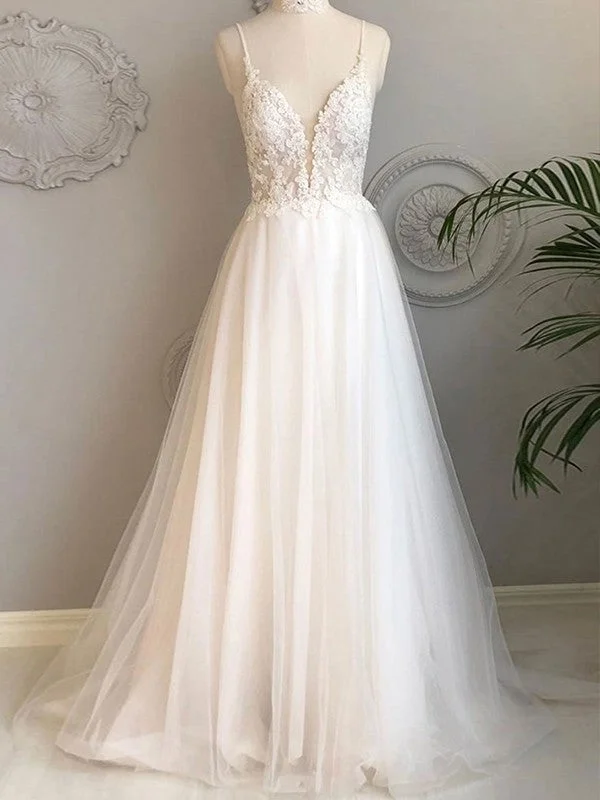 Quality Driven Apparel A-Line/Princess Tulle Applique V-neck Sleeveless Sweep/Brush Train Wedding Dresses