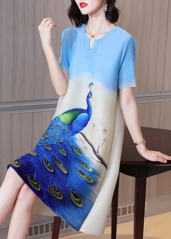 Women's Clothing for Every Occasion Elegant Blue O-Neck Peacock Print Silk Mid Dress Short Sleeve