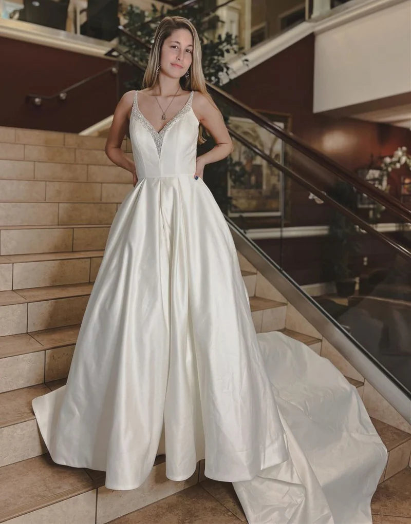 Season Sale A-line V-Neck Chapel Train Satin Wedding Dress With Beading