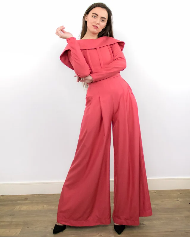 Women's Clothing Brands Kea Rose Red Wide-Leg Long Sleeve Jumpsuit