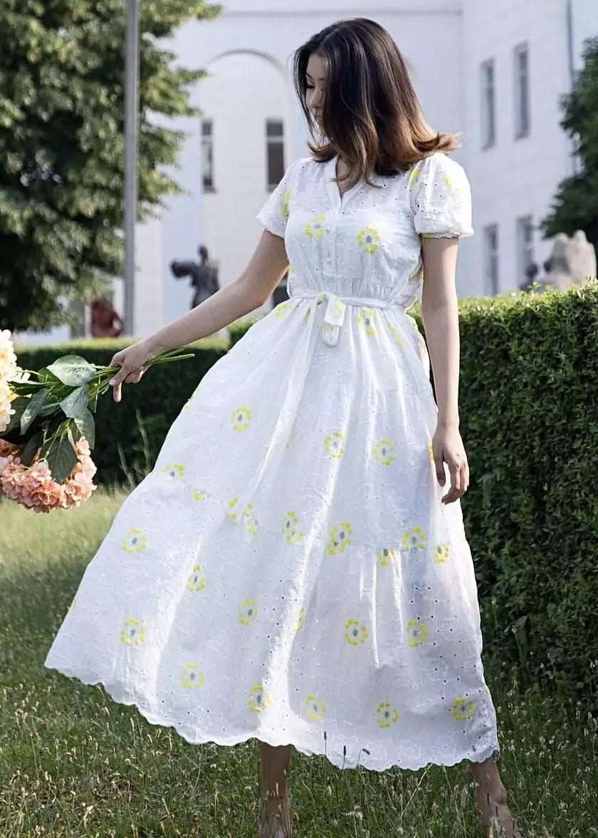 Vintage Style Clothing Sale Lola Cutwork Embroidered Dress - Yellow