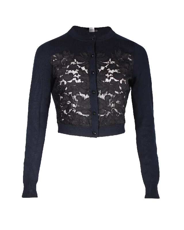 New Styles Just In Diane Von Furstenberg Lace Pattern Crew Neck Cardigan in Navy Blue Wool