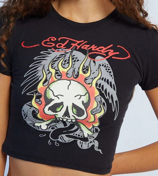 Trendy Women's Wear Flaming Skull Baby Tee