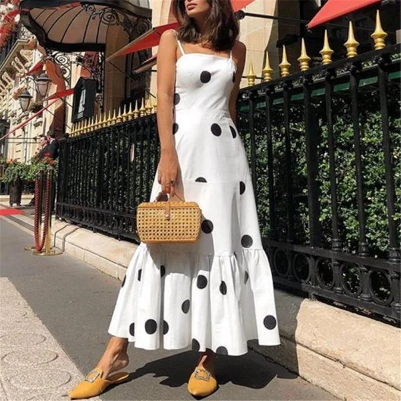 Feminine Dresses for Women in Bold Prints FashionSierra - Polka dot long maxi dress Summer sleeveless ruffles women dress Big dots casaul bohemian dresses Boho beach vestidos mujer