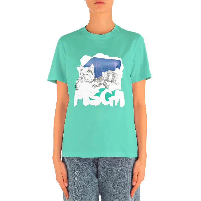 Evening Elegance Women's Msgm "I'm Feline Fine Today" Print T-shirt Emerald Green