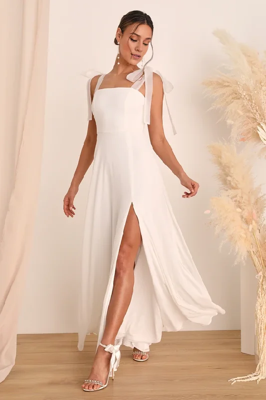 Style Streetwear Romance White Tie-Strap Maxi Dress A-Line Long Simple Wedding Dresses With Slit