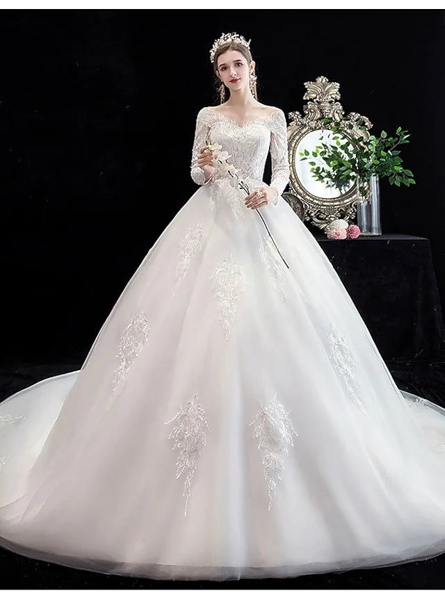 Chic Style, Always In Vogue Engagement Formal Wedding Dresses Chapel Train Princess Long Sleeve Off Shoulder Lace With Beading Appliques