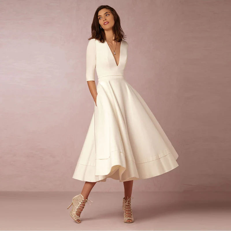 Your Timeless Wardrobe Awaits Elegant Satin Short Wedding Dresses Tea Length V Neck Half Sleeves Bride Dress Robe De Mariée A-line Simple