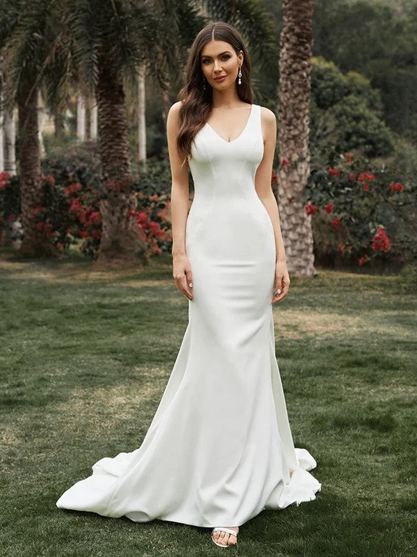 Casual Chic Sheath/Column Sleeveless Stretch Crepe V-neck Ruffles Sweep/Brush Train Wedding Dresses