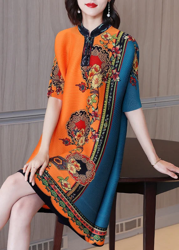 Vintage Women's Fashion Italian Orange Blue Stand Collar Print Silk Vacation Dresses Short Sleeve