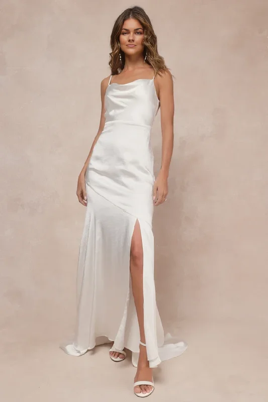 Exclusive Discounts Ivory Satin Backless Cowl Neck Maxi Dress Spaghetti Strap Floor-length Wedding Dresses