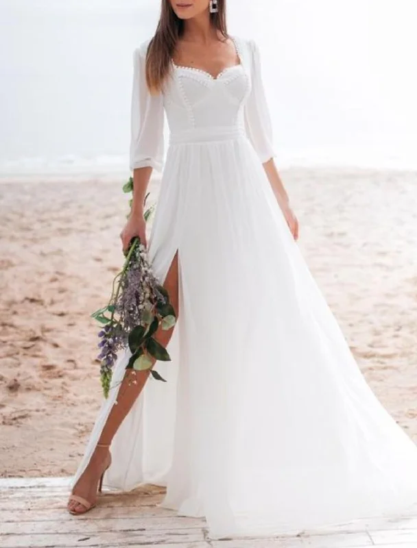 Style Your Wardrobe Beach Little White Dresses Wedding Dresses A-Line Square Neck Long Sleeve Floor Length Chiffon Bridal Gowns With Ruched Split Front