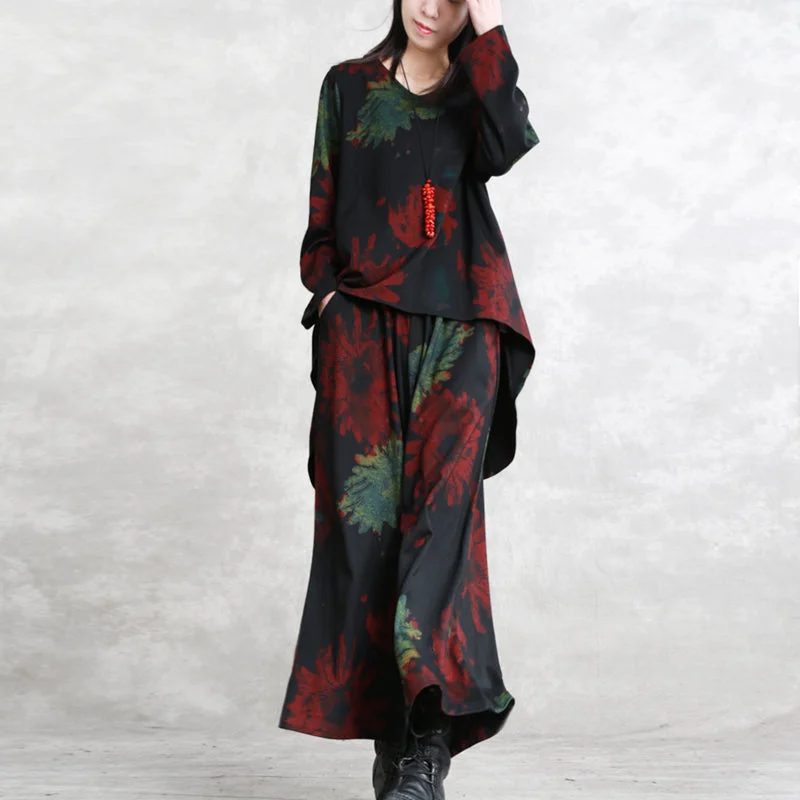 Quality Driven Apparel Boutique Red Green Print Midi-length Cotton Blended Two Pieces Oversize Clothing Tops Women Long Sleeve Baggy O Neck Asymmetric Tops And Vintage Baggy Pants