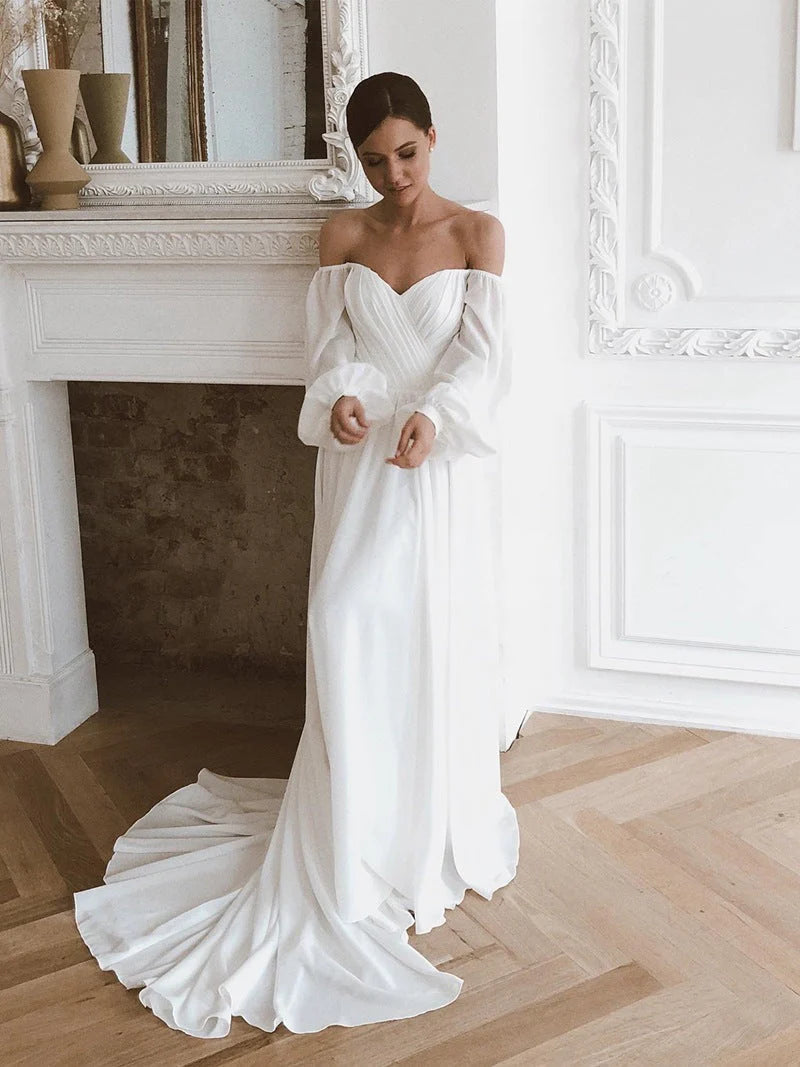 Unleash Your Trend Driven Style Off the Shoulder Chiffon Beach Long-Sleeve Wedding Dresses