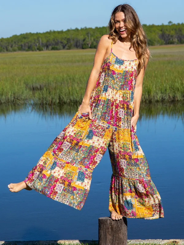 Preppy Style Zoe Wide-Leg Jumpsuit - Mandala Patchwork