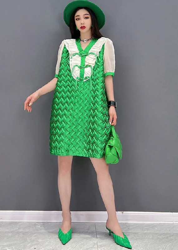 Seasonal Women's Fashion Trends Casual Green V Neck Patchwork Chiffon Women's Mid Dress Short Sleeve