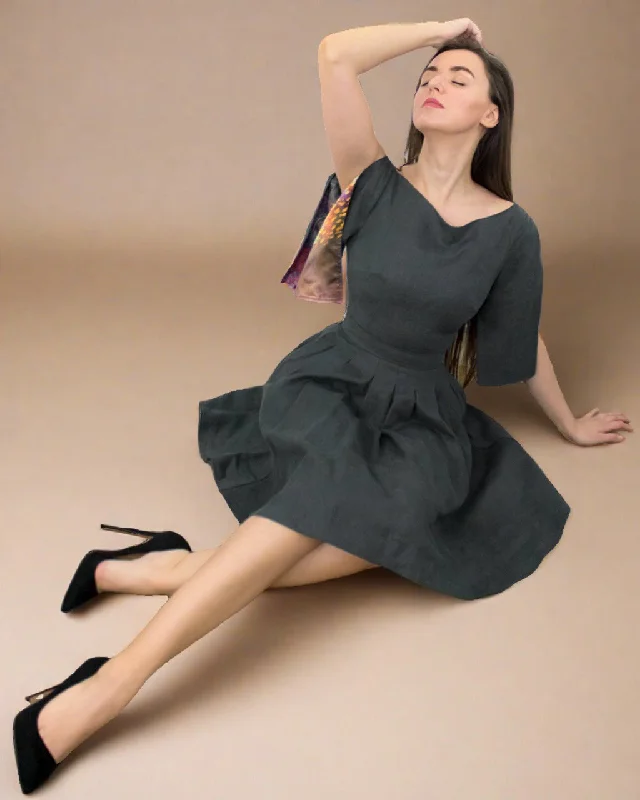 Plus Size Women Wear Candida Grey Skater Dress with Pockets - Hemp Dress