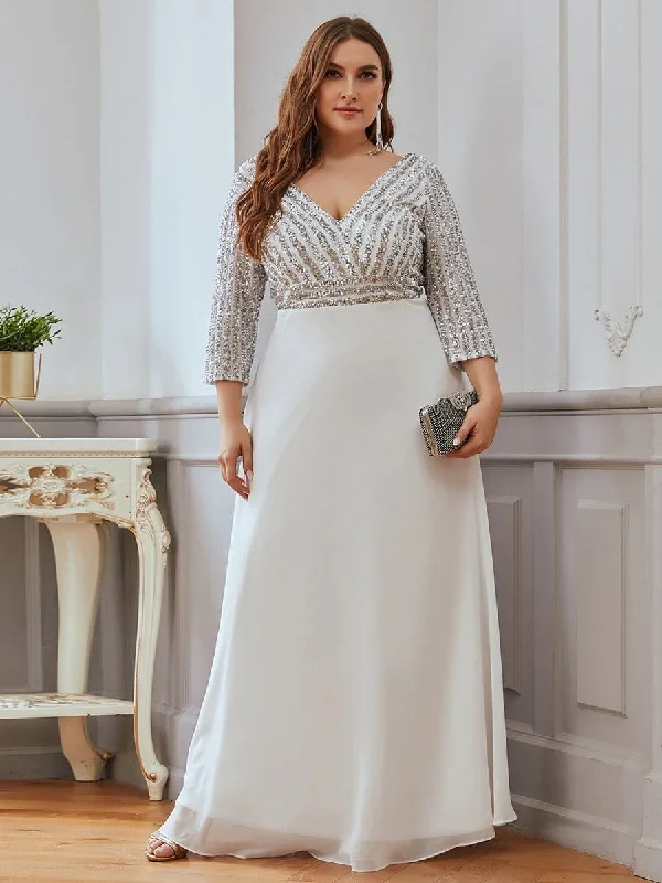 Trend Setting Wardrobe Plus Size Sequin Bodice Long Sleeves Flowy White Wedding Dress