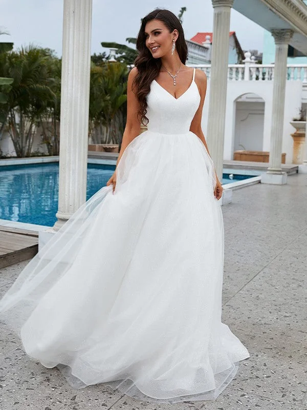 Trendy Fashion For Women A-Line/Princess Ruffles V-neck Sleeveless Sweep/Brush Train Wedding Dresses