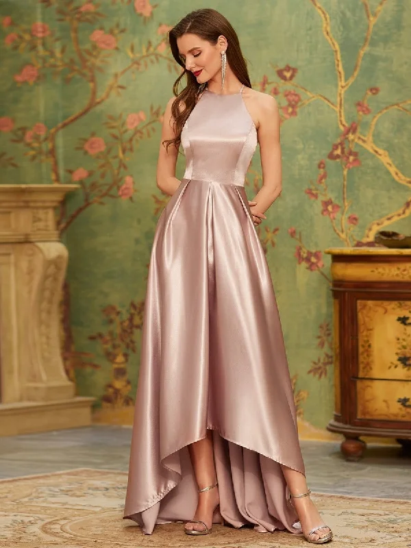 Chic And Trendy Romantic Satin Halter Neck High Low Pleated Prom Dress