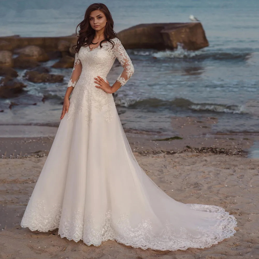 Trendy Styles Long Wedding Dress Eleagnt Long Sleeves V Neck Lace Appliques A Line Tulle Sweep Train Bridal  For Women Robe De Mariee Summer