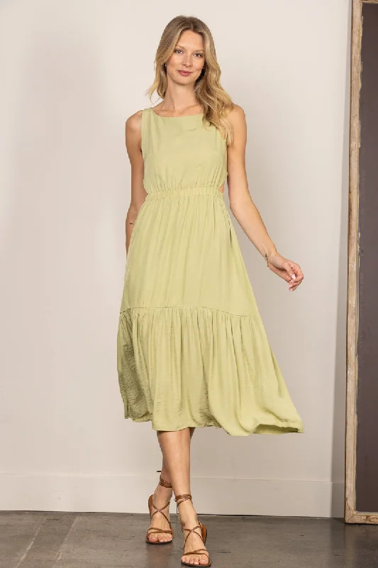 Chic Style, Always In Vogue SAGE CUT-OUT WAIST OPEN BACK RUFFLED HEM MIDI DRESS HYD0009A