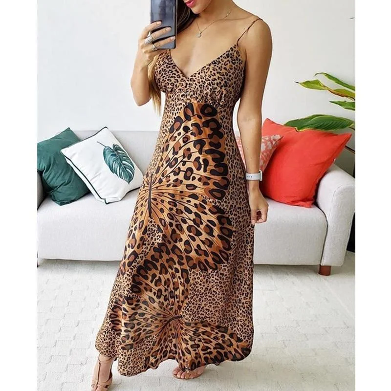 Casual Women's Clothing Online FashionSierra - Butterfly leopard print long dress Women spaghetti strap summer dress Casual beach a line dresses robe femme