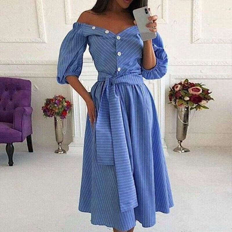 Unique Women's Fashion Pieces FashionSierra - Women Lantern Sleeve Bodycon Midi Dress Summer Ladies Casual Off Shoulder Striped Long Dress Summer Holiday Clothing