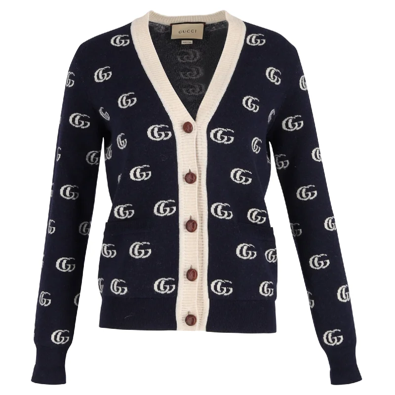 Wardrobe Refresh Gucci Double G Cardigan In Blue Jacquard Wool