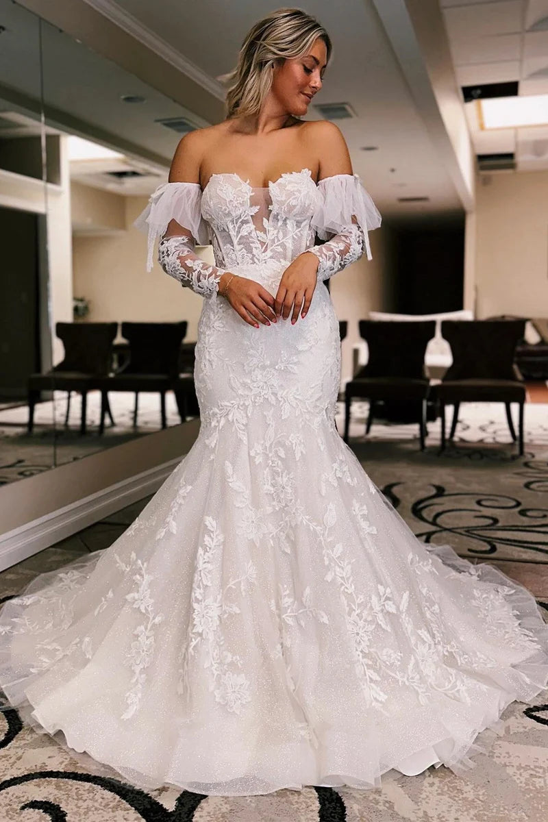 Chic Outfits White Floral Lace Sweetheart Mermaid Wedding Dress with Detachable Sleeves Chapel Train Dress