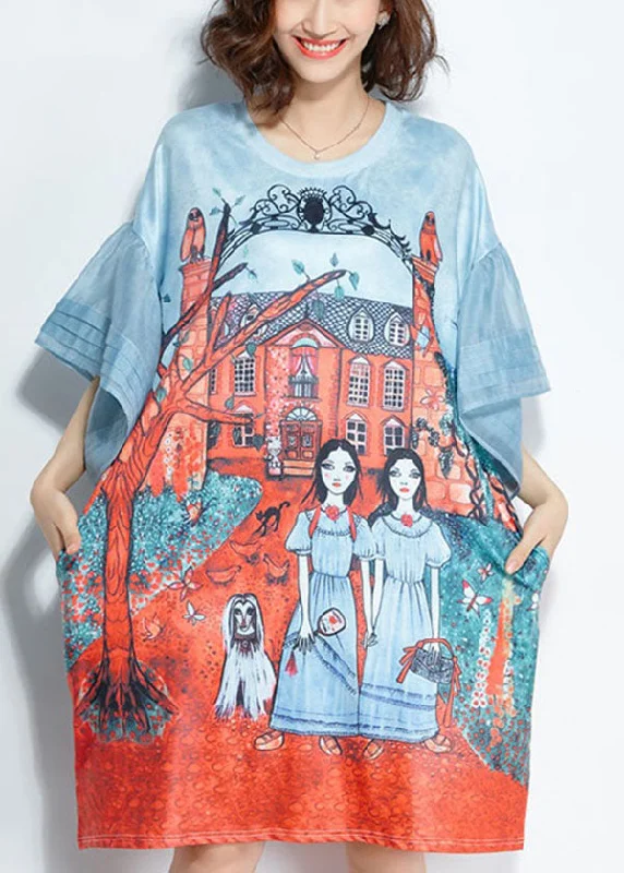 Exclusive Sale Italian Light Blue O-Neck Pocket Character Print Silk Mid Dresses Flare Sleeve