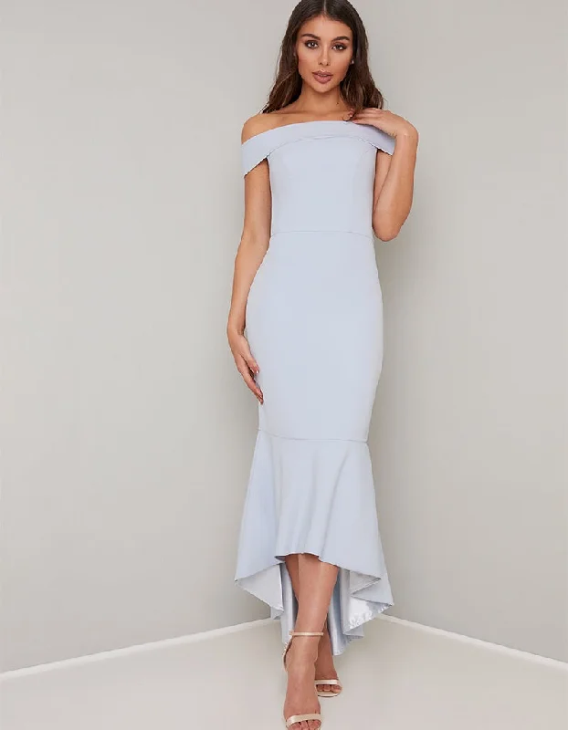 Dive Into Trendy Styles Jojo Baby Blue Bardot Fishtail Style Dress