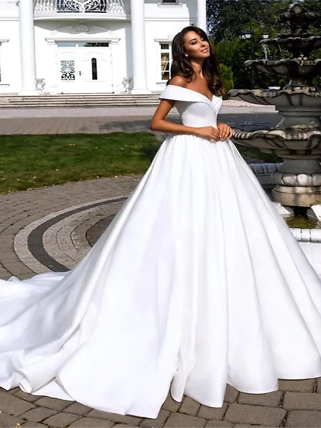 Discount Store Formal Wedding Dresses Cathedral Train Ball Gown Short Sleeve Off Shoulder Polyester With Pleats