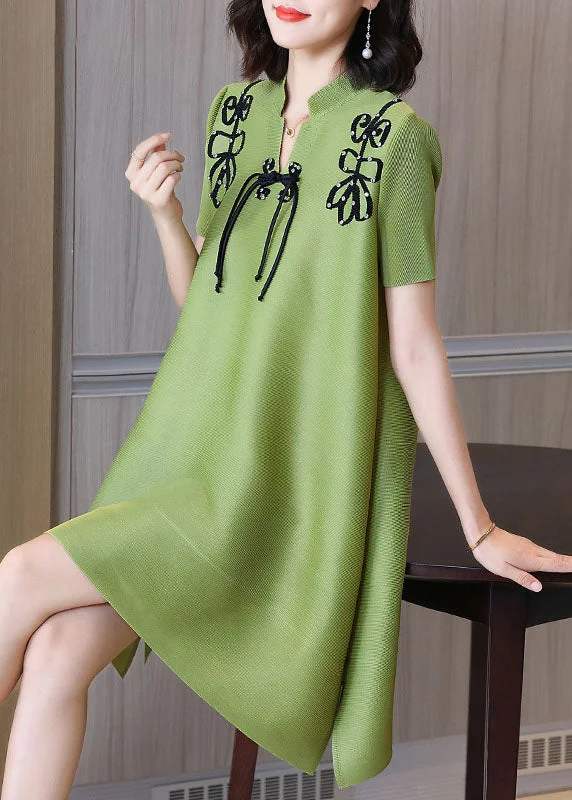 Special Offers French Green Stand Collar Applique Wrinkled Silk Holiday Dress Short Sleeve