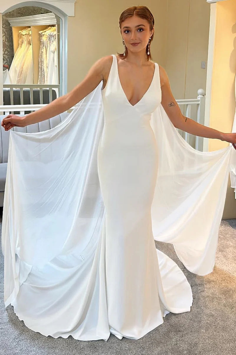 Trendy Women's Wear Collection Mermaid Long Wedding Dress with Detachable Cape