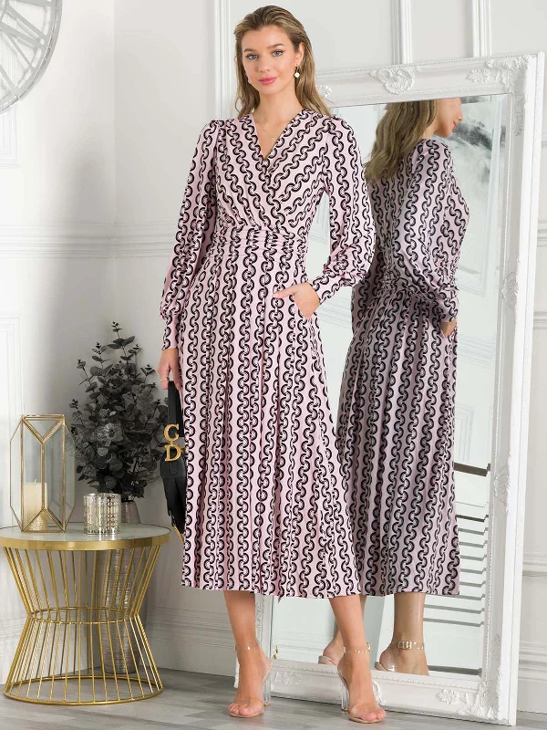 End Of Season Clearance Jolie Moi Nancy Long Sleeve Maxi Dress, Pink Geo