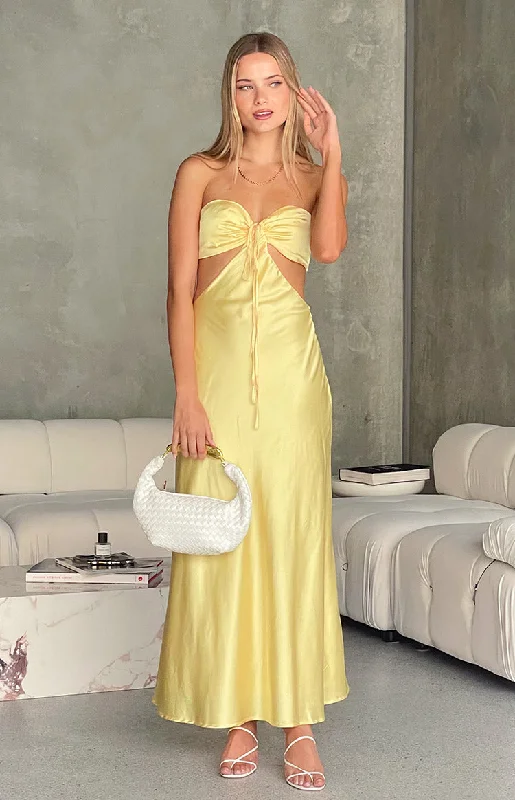 Fashion Sale Lili Yellow Satin Strapless Maxi Dress