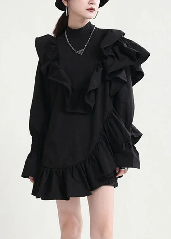 High Street Women's Fashion for Trendy Shoppers diy Black Stand Collar Asymmetrical Ruffled Dresses Spring