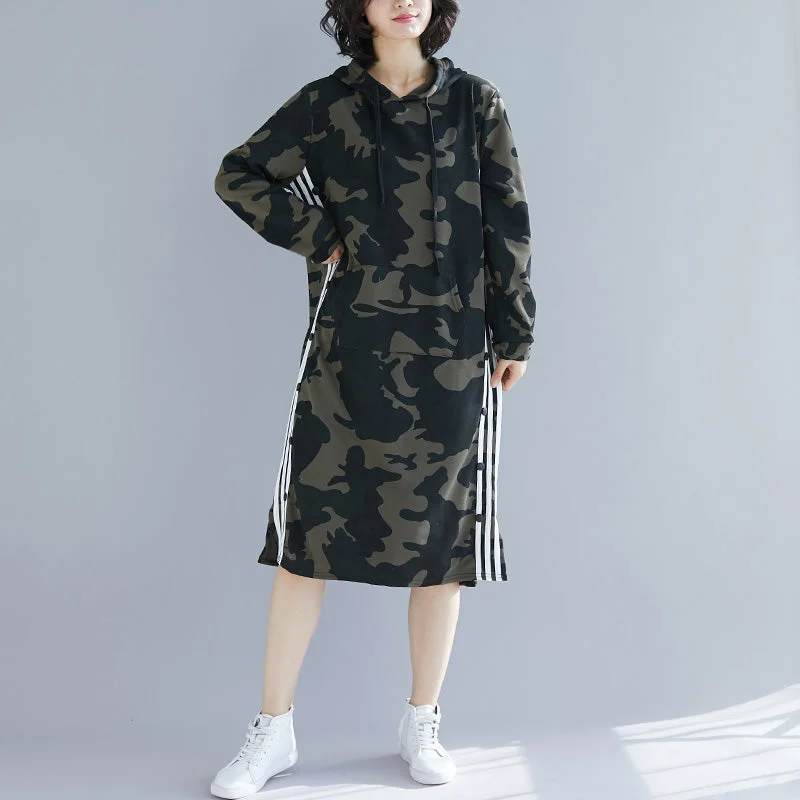 Hot Picks Organic army green print Cotton quilting dresses Korea Work Outfits hooded A Line spring Dresses