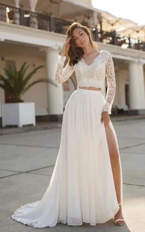 Chic Women's Clothing Online Wedding Dress Two Piece V-neck with Sweep Train Lace Long Sleeves