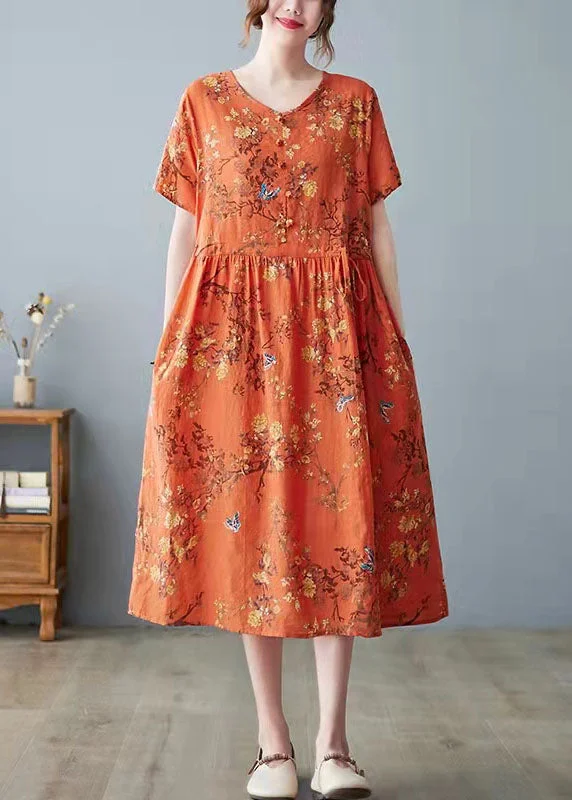 Cool Prices Beautiful Orange Pockets Print O Neck Dress