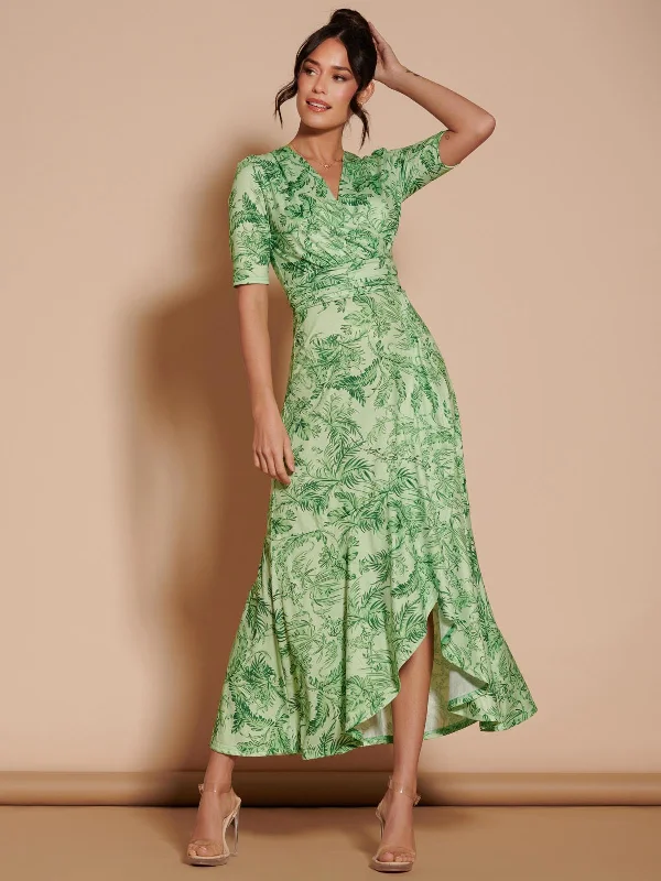 Boutique Dress Online Ruffle Hem Jersey Maxi Dress, Green Leafy