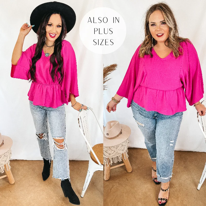 Limited Time Offers Switch It Up 3/4 Drop Sleeve Peplum Blouse in Fuchsia Pink