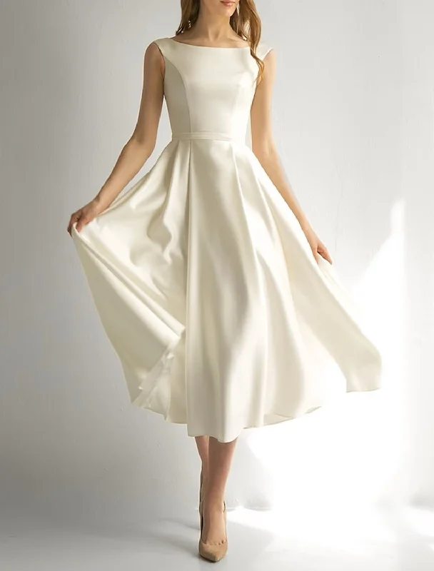 Seasonal Picks Bridal Shower Little White Dresses Wedding Dresses A-Line Scoop Neck Sleeveless Tea Length Satin Bridal Gowns With Solid Color