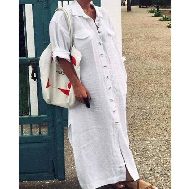 Chic Style, Always In Vogue FashionSierra - New Women's Casual Plain Long Sleeve Maxi Dress Ladies Loose Kaftan Tunic Baggy Button Down Long Shirt Dresses