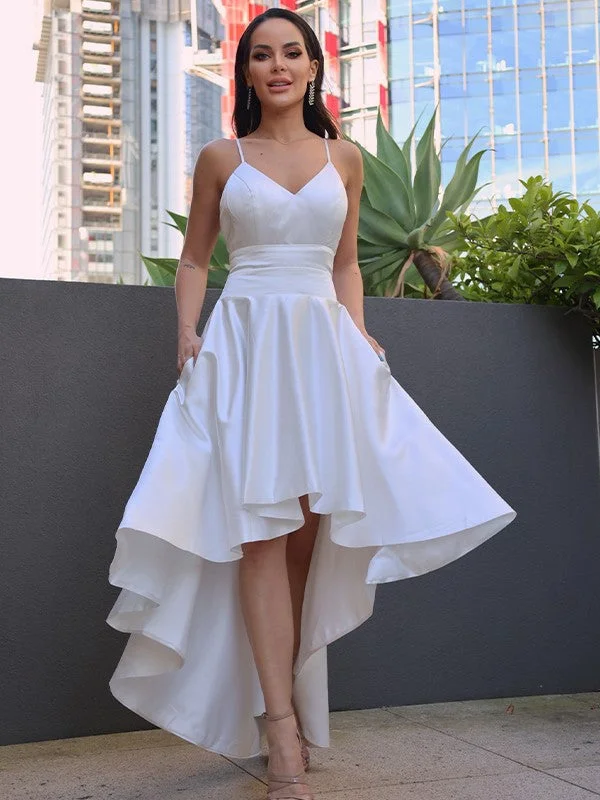 Comfort Centric Apparel A-Line/Princess Satin Ruched V-neck Sleeveless Asymmetrical Wedding Dresses