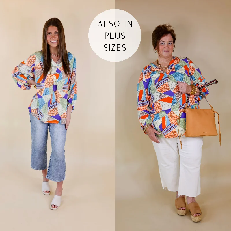 Shop Ladies Clothes Eyes On Paradise Mix Patch Print Blouse with 3/4 Sleeves in Orange and Blue Mix