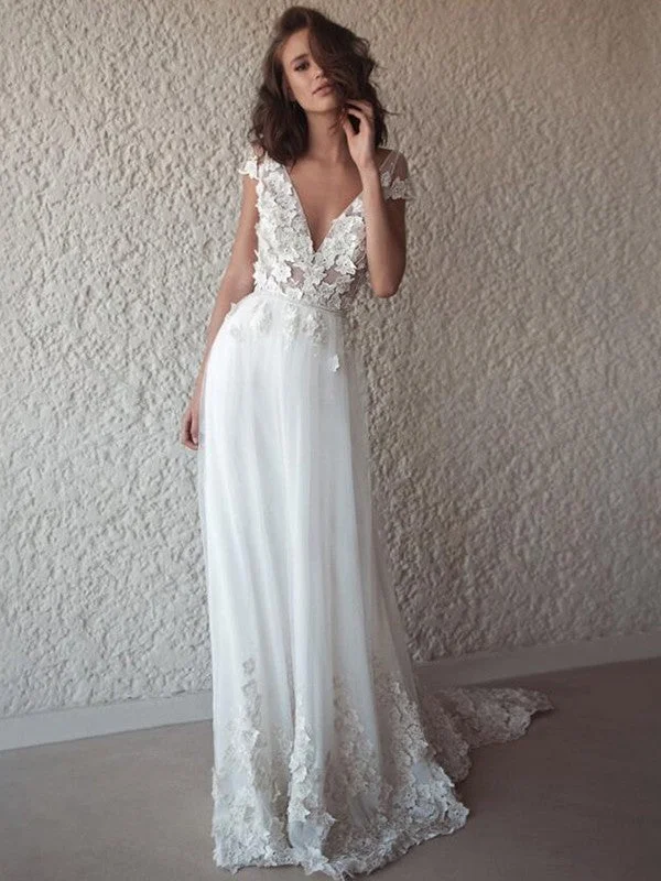 Chic & Cozy Apparel A-Line/Princess Tulle Applique V-neck Sleeveless Sweep/Brush Train Wedding Dresses